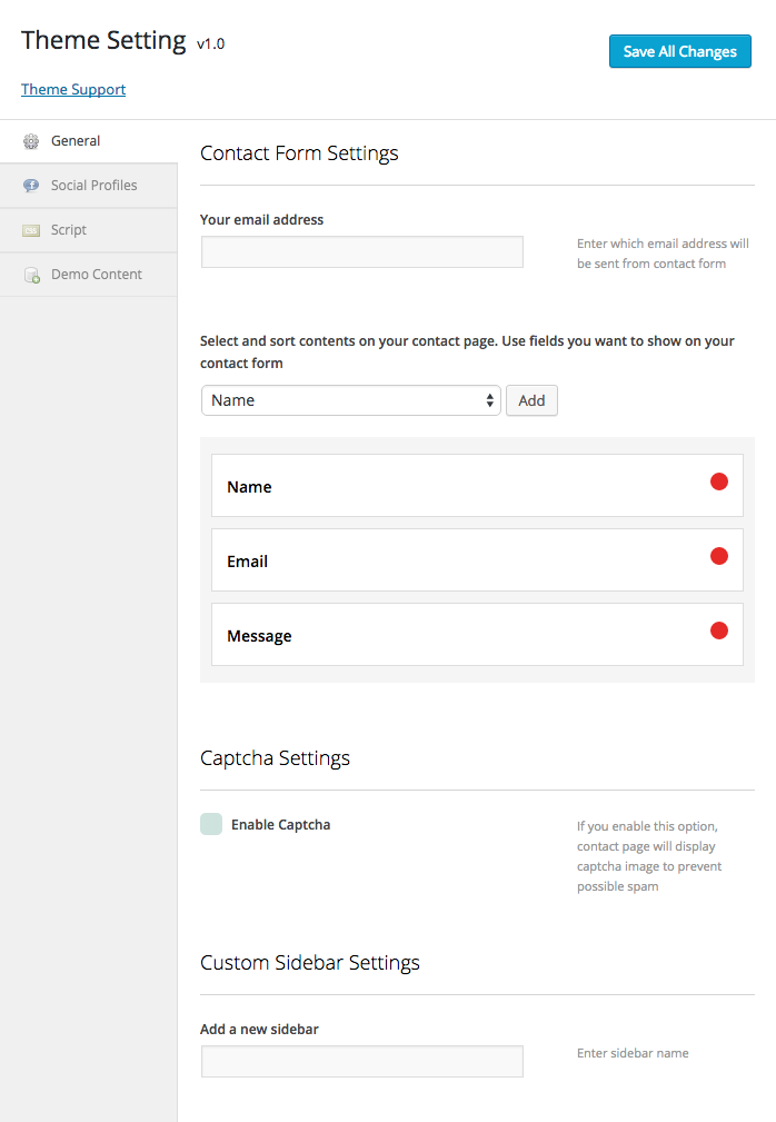 Theme Setting > General for contact form settings captcha and custom sidebar